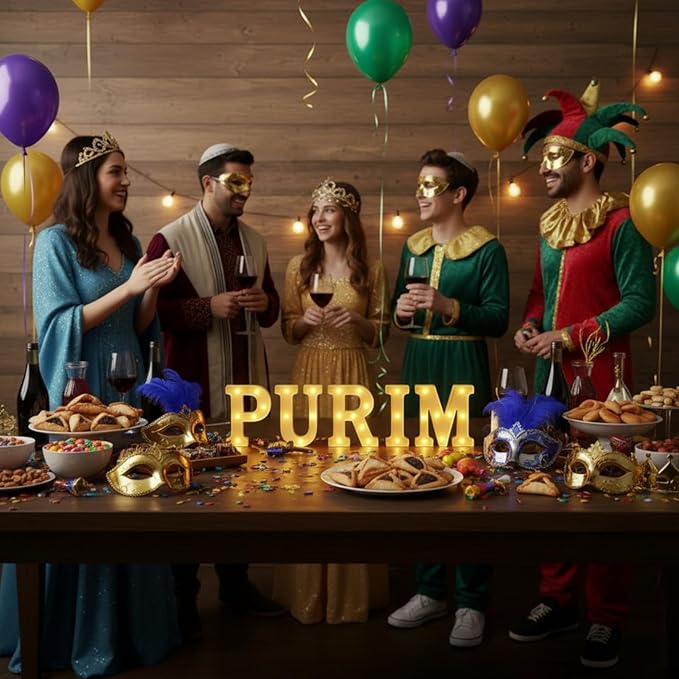 Honoson 5 Pcs Happy Purim Party Decorations Purim Light up Neon Lights Sign for Jewish Carnival Party Indoor Outdoor Table Wall Decorations Activity Supply