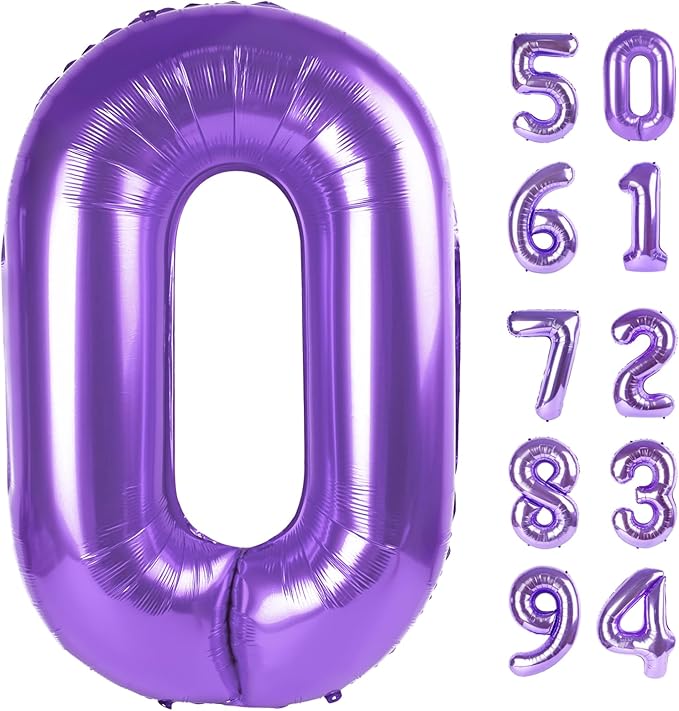 Purple Number Balloon 40 Inch, 0 Number Balloons, 10 20 30 40 50 Numbers Balloon Birthday Decorations, Purple Party Supplies for Girls Women Adults