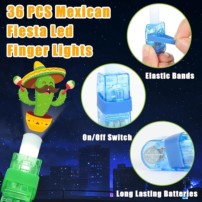 36 PCS Mexican Party Favors Fiesta LED Finger Lights, Glow in the Dark Fifth of MayDe Mayo Fiesta Party Finger Light Bulk for Chriatmas Goodie Treat Bags Stuffers Taco Birthday Party Supplies