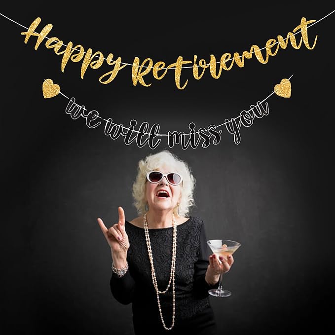 Pre-strung Happy Retirement & We will miss you Banner, Pre-strung on 8 ft Strand Black Gold Glitter Retirement Party Decorations Sign, Going Away Party Farewell Party Supplies and Gifts for Coworker, Men Women