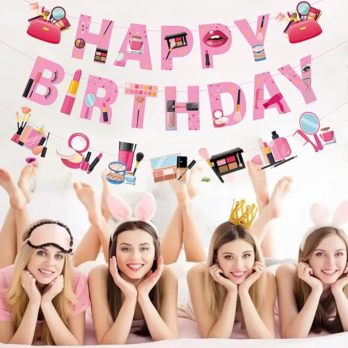 Zwiebeco Makeup Happy Birthday Banner Sign Spa Party Hanging Paper Decorations for Girls Women Glamour Cosmetics Theme Accessories Supplies