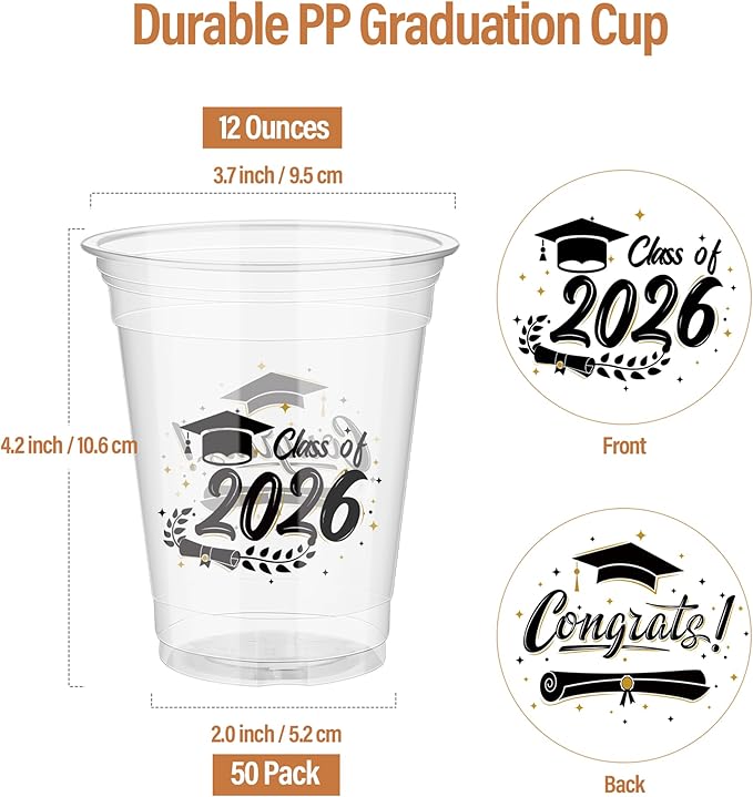 Ruisita 50 Pack Graduation Cups 12 Ounces 2026 Graduation Disposable Cups Plastic Graduation Drinking Cups, Graduation Party Favors