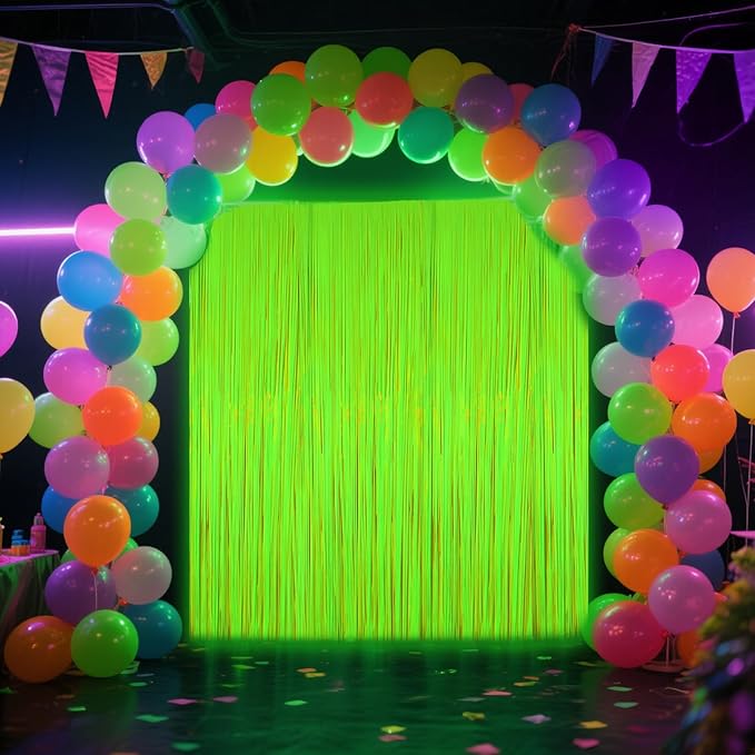 4 Packs Glow in The Dark Foil Fringe Curtain, Macaron Yellow Blacklight Reactive Fluorescent Tinsel Backdrop Neon Luminous Streamers for Birthday, Wedding, Neon Party, Glow Party Decorations Supplies
