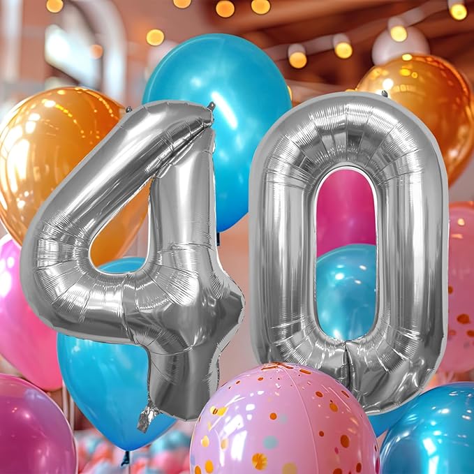40 Inch Large Number Celebration and Decoration Balloon for Birthday Parties, Graduations, Anniversaries, Weddings, Photo Shoots, Special Events - Helium Foil Mylar (Silver Number 40)