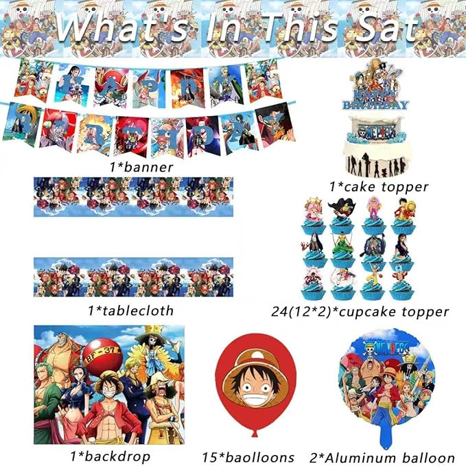 43Pcs For One Piece Birthday Party Supplies: 1 Banner, 1 Tablecloth, 1 Backdrop, 1 Cake Topper, 24 Cupcake Toppers, 15 Balloons, 2 Aluminum Balloons for Kids Boys Theme Party Decorations