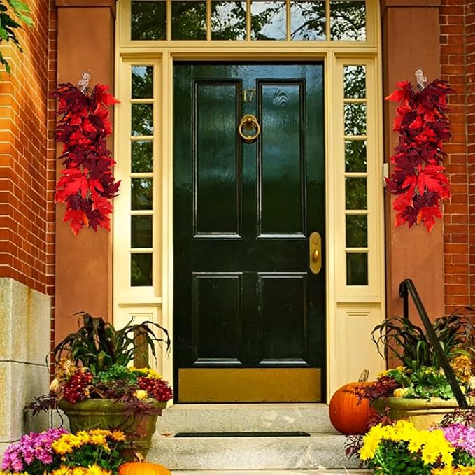 Halloween Garland Decor Indoor Table Decorations Fall Wall Hanging Artificial Black Maple Leaf Vine Decorations for Home (2 Pcs Red, Set)