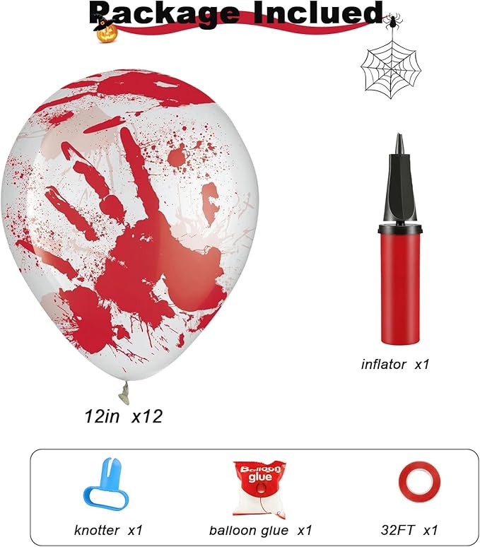 Leesoot 12pcs 12inch Blood Handprints Scary Latex Balloons, Thrilling Clear with Red Horror Design for Halloween Bloody Party Spooky Party Terror Decoration Zombie Vampire Party With Tools