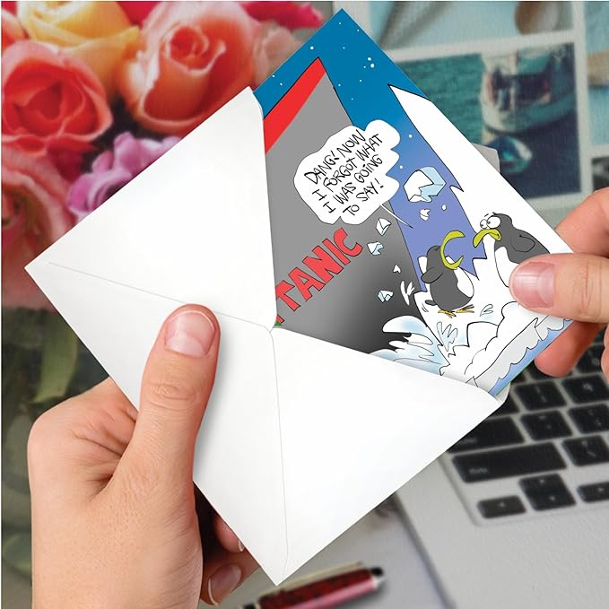 NobleWorks - 1 Happy Belated Birthday Card with Funny Cartoons - Mature Humor Notecard with Envelope, Celebrate Birthdays - Titanic Bump C7263BEG