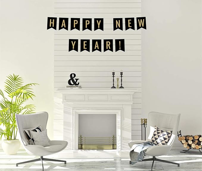 Andaz Press Faux Gold Glitter on Black Party Banner Decorations, Happy New Year!, Approx 5-Feet, 1-Set, Going Away Study Abroad Graduation Retirement Colored Hanging Pennant Decor