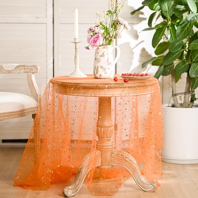 Horaldaily Orange Gold Sparkling Star Gauze Tablecloth 60x140 Inch Rectangular, Golden Star Sequin Glitter Metallic Foil, Sheer Tulle Cheesecloth for Wedding Baby Shower Party