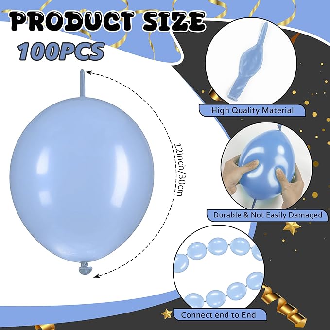 Link Balloons 12 Inch - 100 Pcs Quick Link Balloon Latex Linking Balloons Connected Linkable Balloon Birthday Wedding Party Decorations(Macaron Blue)