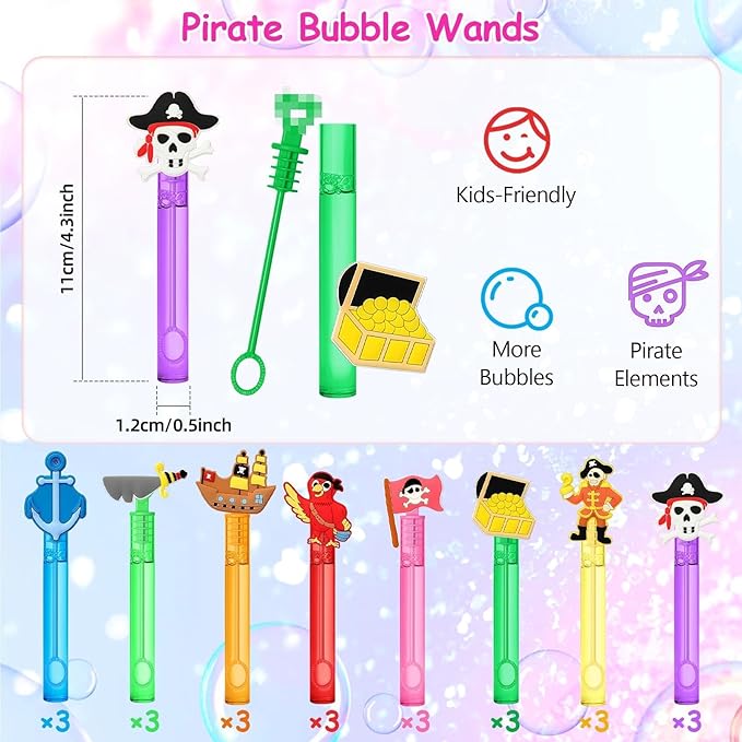 AFZMON 24Pcs Pirate Party Favors Bubble Wands for Kids, Mini Bubbles Wands, Pirate Theme Birthday Party Supplies Decorations Goodie Gift Bag Stuffers Pinata Classroom Prizes