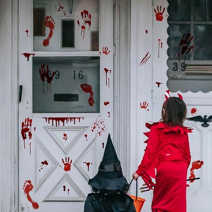 Spooky Party Decorations Set Banner + Night Glow Eye Stickers + Blood Footprint Handprint Floor Clings Decals + Ghost Shadow Toilet Sticker for Halloween Zombie Vampire Party