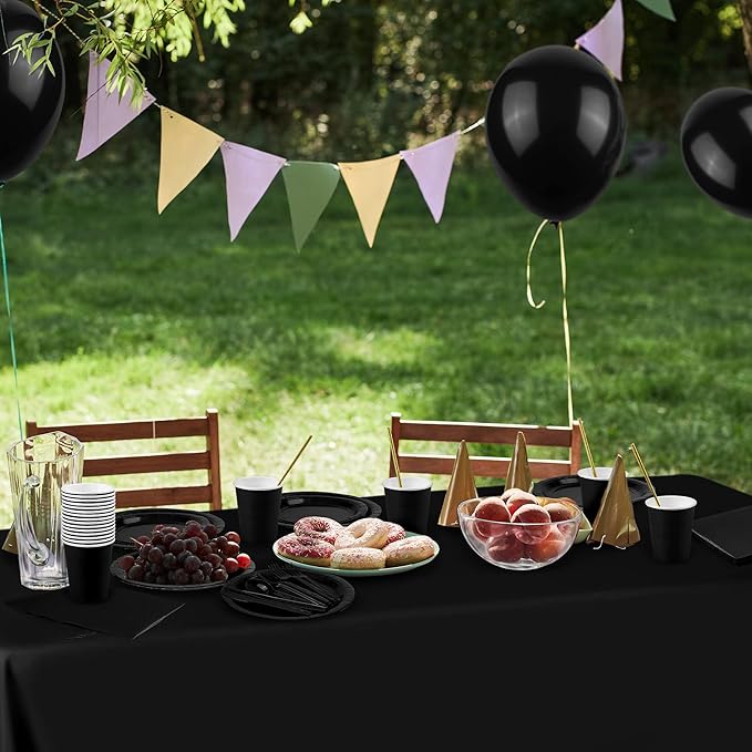 ADXCO 169 Pieces Black Party Supplies Include Black Plates and Cups Paper Napkins Plastic Forks Knives Spoons Tablecloth Serve 24 Guests for Wedding Birthday Party Decorations