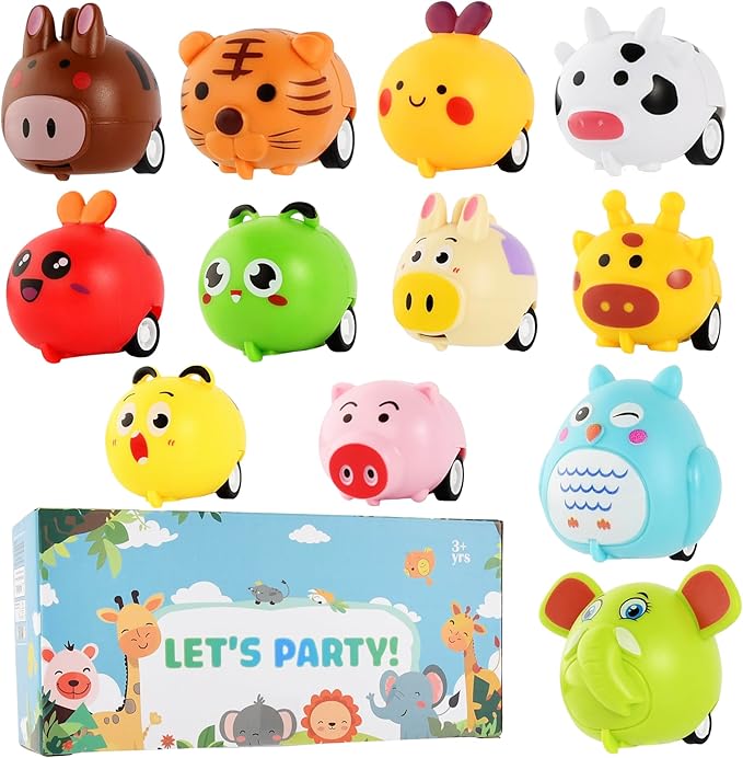 Small Pull Back Toy Cars Set,12 PCS Mini Racing Vehicles for Holiday Birthday Party Favors,Goodie Bag Stuffers,Classroom Prizes,Bulk Toys for Kids (Tiger,Cow,Bee,Zebra,Pig,Owl,Elephant Zoo Design)