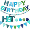 3PCS Pre-Strung 3D Blue Felt Happy Birthday Banner Set – Pom Pom Garland & Triangle Bunting, Reusable Happy Birthday Decorations, Felt Happy Birthday Banner & Sign for Boys, Men & Teens