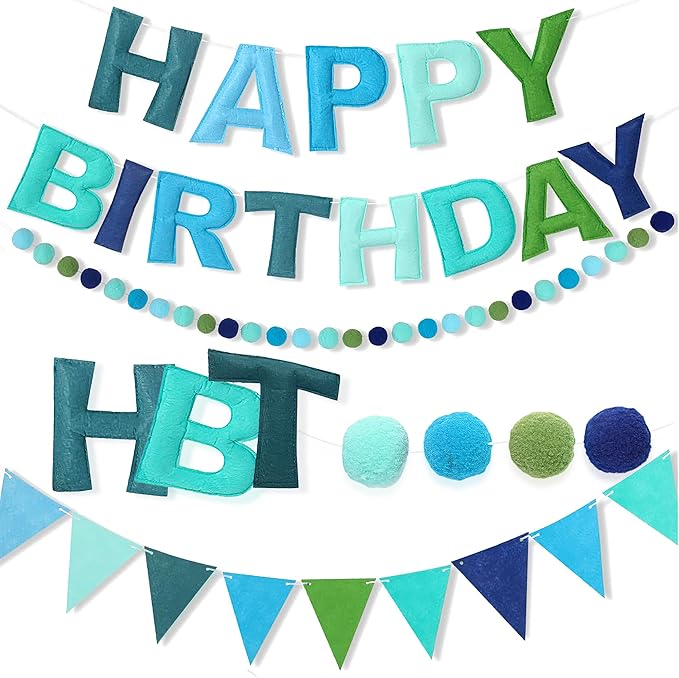 3PCS Pre-Strung 3D Blue Felt Happy Birthday Banner Set – Pom Pom Garland & Triangle Bunting, Reusable Happy Birthday Decorations, Felt Happy Birthday Banner & Sign for Boys, Men & Teens