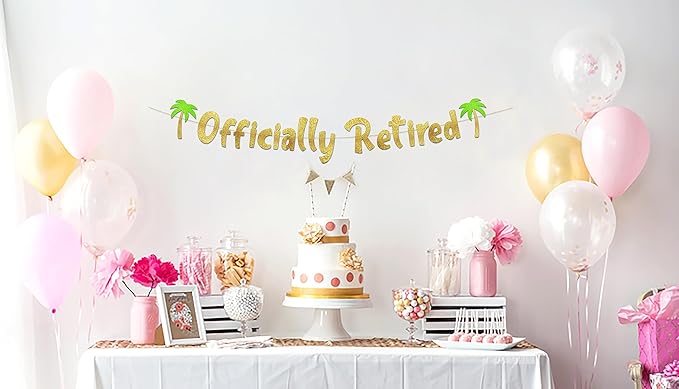 Pre-Strung Officially Retired Gold Glitter Banner - Funny Retirement Decorations for Men and Women - Retirement Party Supplies and Gifts