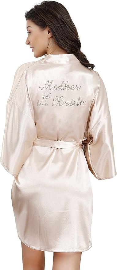 EPLAZA Women's One Size Silver Rhinestones Bride Bridesmaid Short Satin Robes for Wedding Party Getting Ready