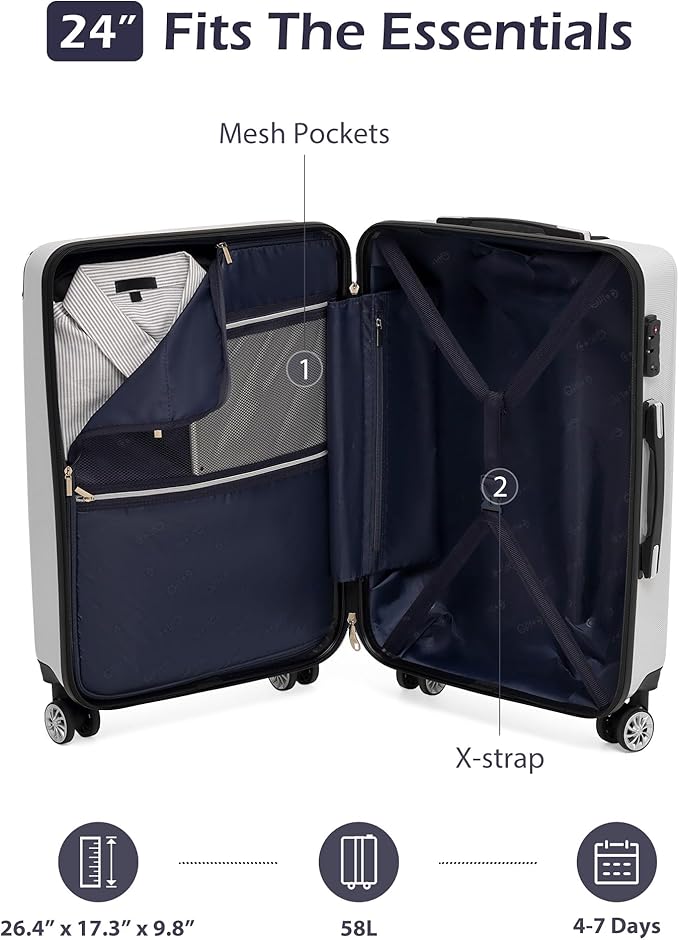 Coolife Luggage, Suitcase with Durable and Lightweight, Checked Luggage with PC+ABS Hardshell, Dual Spinner Wheels, TSA Lock, and YKK Zipper (navy new, M(24in))