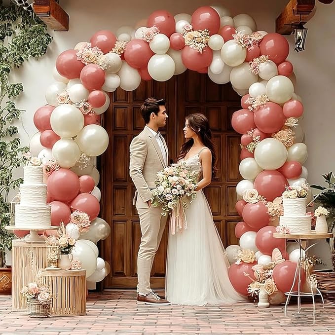 Dusty Pink Cream White Balloon Garland, Double Stuffed Rose Pink Sand White Pearl Balloon Arch Kit for Boho Bridal Shower Wedding Baby Shower Birthday Mother's Day Party Decorations