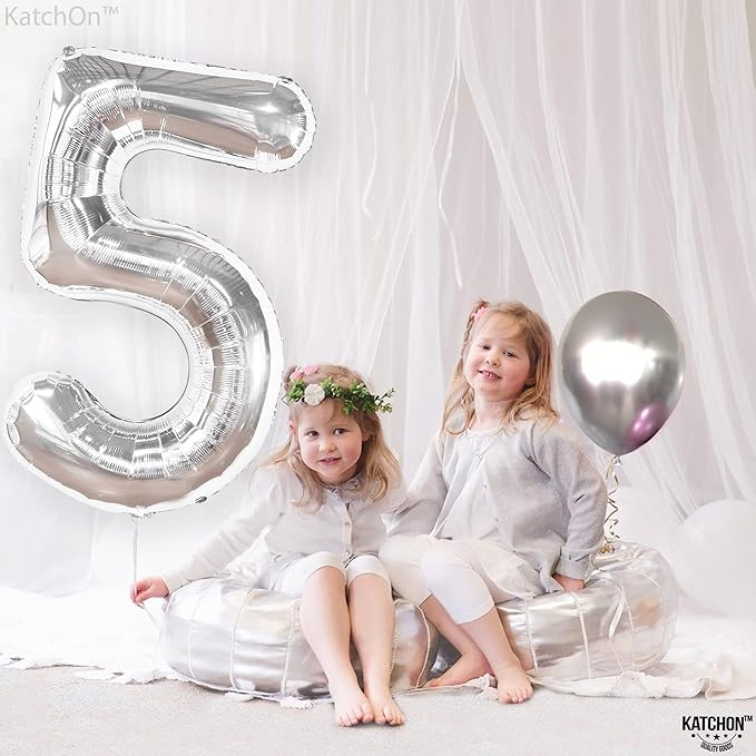 KatchOn Silver 5 Balloon Number - 40 Inch | 5th Birthday Decorations, Silver Party Decorations | 5 Mylar Balloon