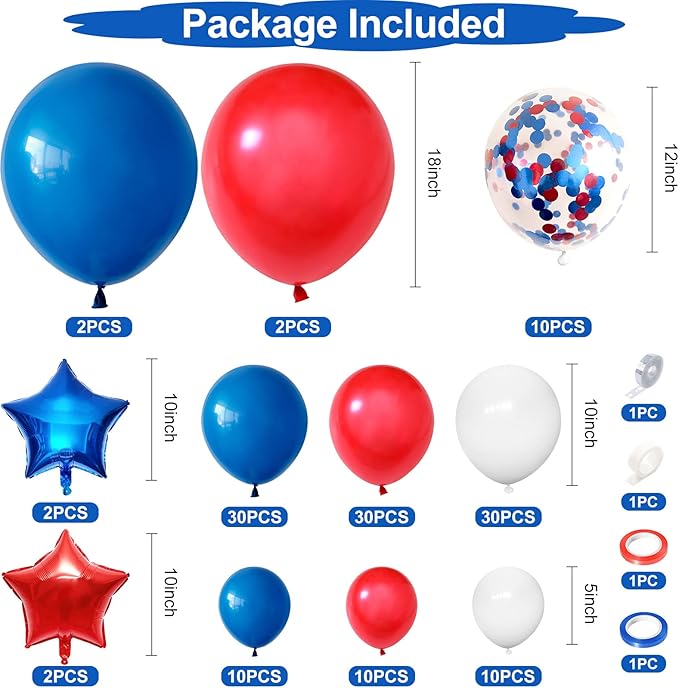 138PCS Red White and Blue Balloon Garland Arch Kit, 18 12 10 5 inch Red and Blue White Balloon Garland with Stars for 4th of July Decorations Birthday Baseball Veterans Memorial Patriotic Day