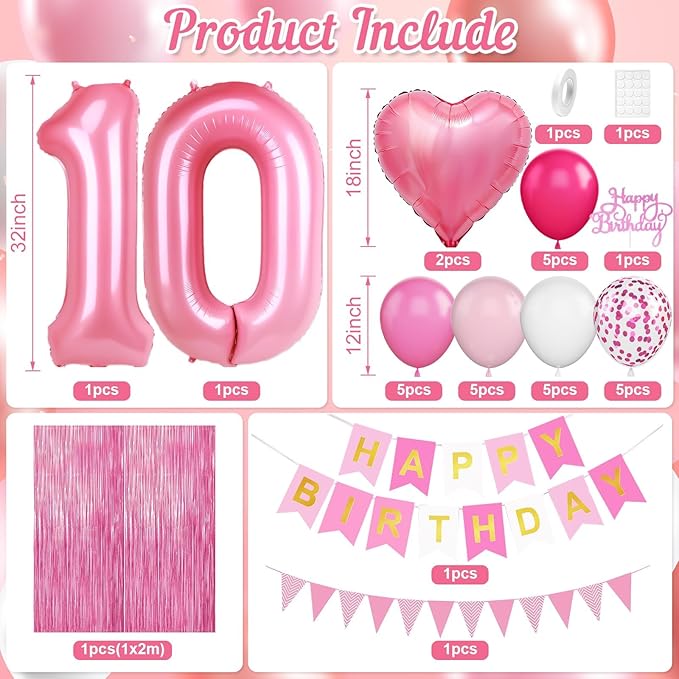 10th Birthday Decorations for Girls,Hot Pink 10th Birthday Balloons with Happy Birthday Banner Fringe Curtain Heart Foil Balloons for 10 Year Old Birthday Decor