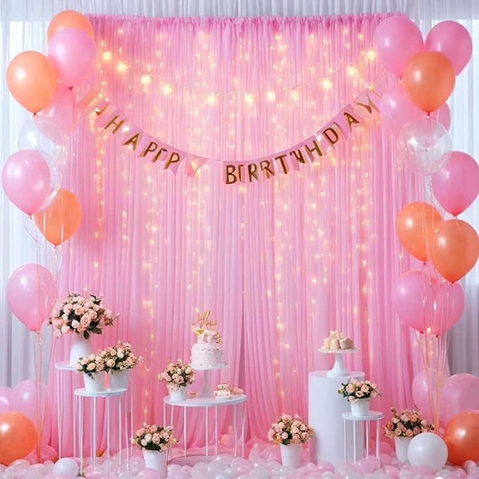 Pink Tulle Backdrop Curtains with Lights, Elegant Sheer Photo Backdrop Drapes, Soft Fabric & LED Curtain for Wedding Brithday Parties Photoshoot Background Decor, 10ftx8ft