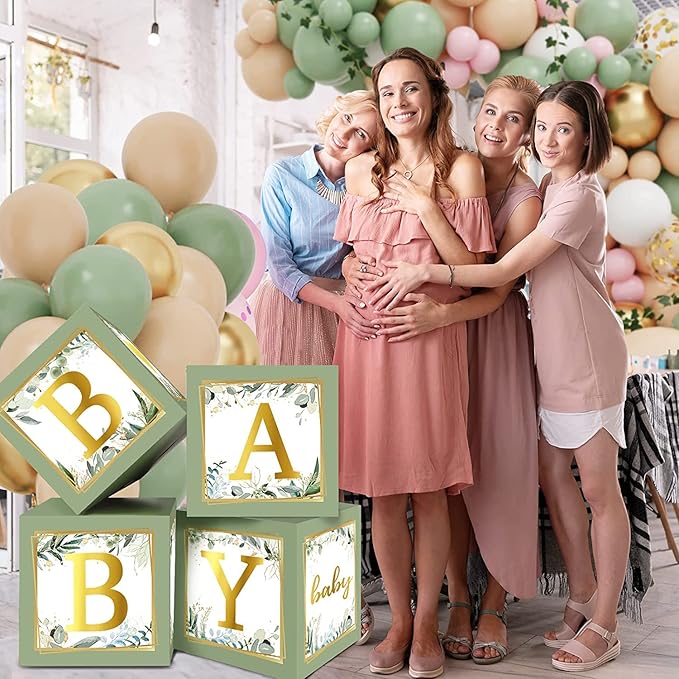 RUBFAC Sage Green Baby Boxes with Letters for Baby Shower, 4pcs Safari Baby Shower Decorations for Boy Girl Balloon Boxes Gender Reveal Birthday Party Favors