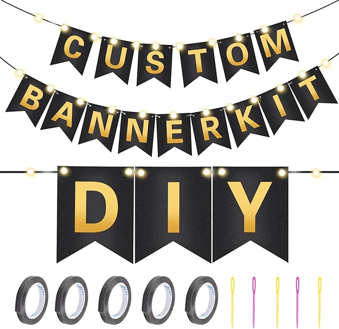 TaoBary 135 Pcs DIY Banner Custom Letters Kit Make Your Own Banner for Birthday Graduation Party Decor Include 107 Letters and Numbers, 16 Symbols, 2 String Lights, 5 Needles, 5 Rope (Black)