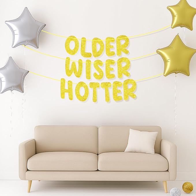 Pre-Strung Happy Birthday Banner Birthday Sign NO DIY Glitter Older Wiser Hotter Banner for Women Men 30th 40th 50th 60th 70th 80th Funny Gold Birthday Decorations (Gold)