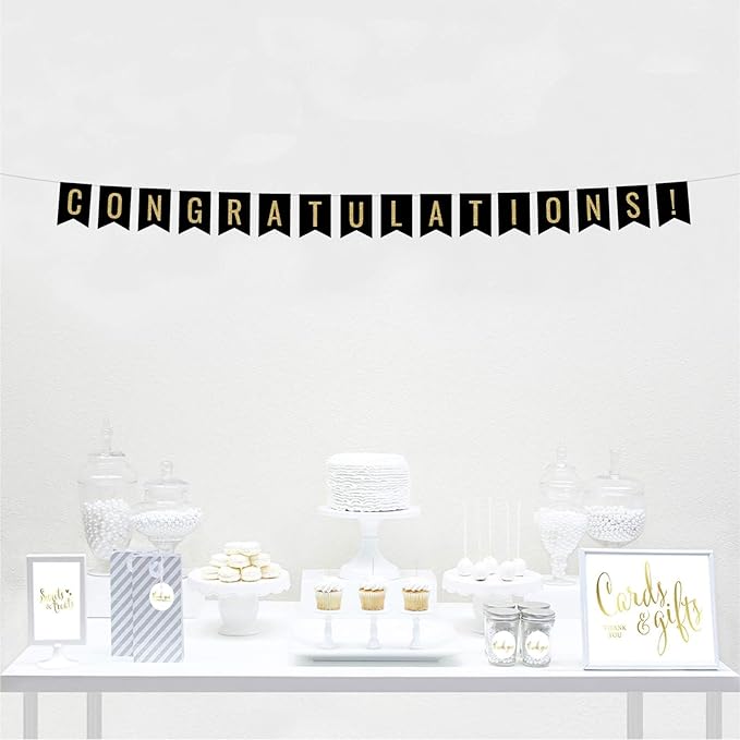 Andaz Press Faux Gold Glitter on Black Party Banner Decorations, Congratulations!, Approx 5-Feet, 1-Set, Birthday Wedding Baby Shower Colored Hanging Pennant Decor