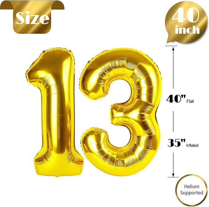 Gold Number 13 Balloon 40 Inch, 13th Birthday Party Decorations for Children, Giant 13 Foil Balloon for Party Supplies
