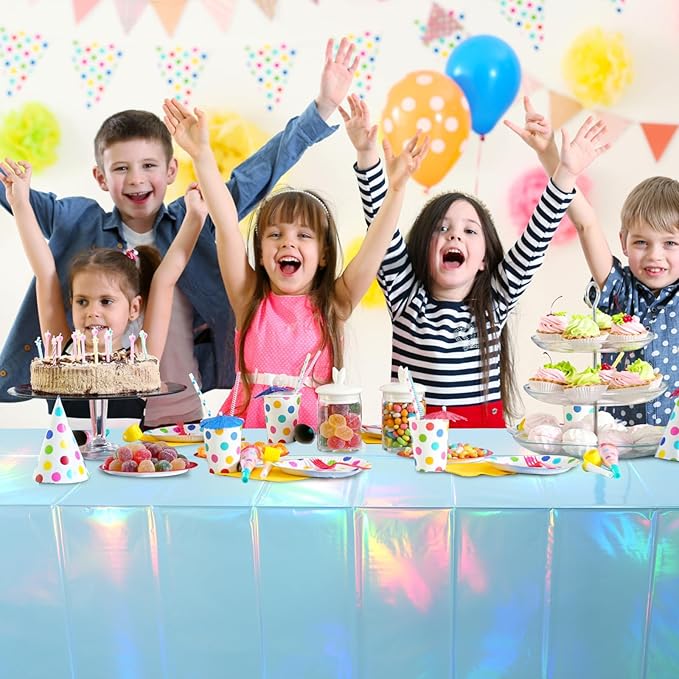 6 Pack Iridescent Light Blue Tablecloth for Parties, Pastel Blue Holographic Plastic Table Cover, Disposable Laser Baby Blue Table Cloth for Birthday Wedding Baby Shower Party Decorations, 54x108 Inch