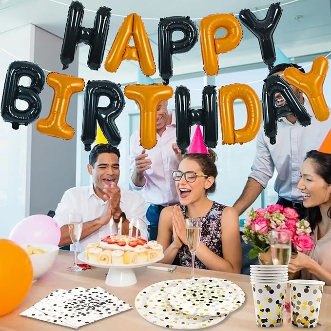 TONIFUL 16 Inch Black Orange Mylar Foil Birthday Balloons Banner Happy Birthday Balloon Letters for Adults & Girls Boys Kids Birthday Decorations Halloween Party Supplies