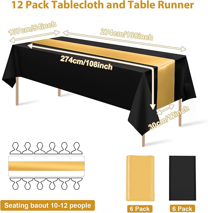 12Pack 12x108 Inch Satin Table Runner and 54x108Inch Plastic Tablecloths Set Black and Gold Disposable Rectangle Table Cover for Graduation Wedding Bridal Shower Anniversary Birthday Party Decorations