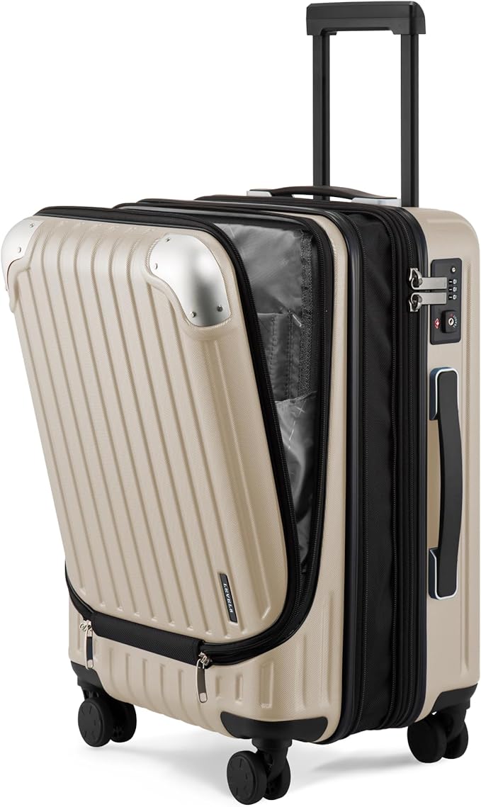 LEVEL8 Grace Carry on Luggage with Front Compartment, 20 Inch Expandable Hardside Suitcases with Wheels, Abs+Pc Harshell Spinner Luggages with Tsa Lock, Travel Bag for Women Men, Champagne