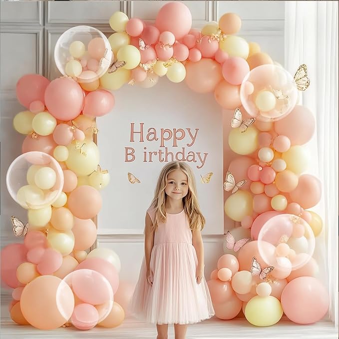 Pastel Pink Peach Balloon Arch Kit, Double Stuffed Pastel Light Pink Orange Ivory White Clear Bobo Spring Balloons Garland Kit for Wedding Bridal Shower Birthday Party Decoration