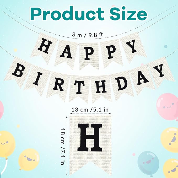 Burlap Happy Birthday Banner, Black Assembled Happy Birthday Banner Sign Garland for Boys Girls Rustic Party Decorations
