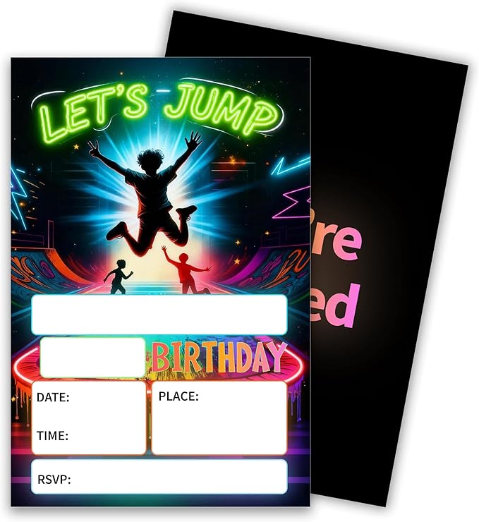 Trampoline Park Birthday Invitations, 4 x 6 Inch Let's Jump Theme Birthday Invites Cards for Boys & Girls, 20 Count with Envelopes, Double Sided Printed, Fill in Blank