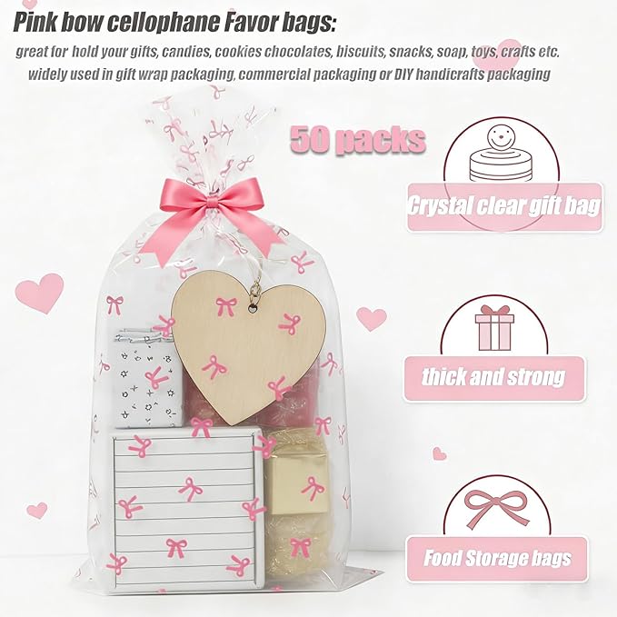 SOMIOCO Pink Bow Cello Cellophane Treat Bags Party Favor Bags Clear 50 PCS 11X14 In Pink Candy Bags Bow Gift Goodie Bags with Twist Tie for Birthday Party,Baby shower,Wedding,Valentines