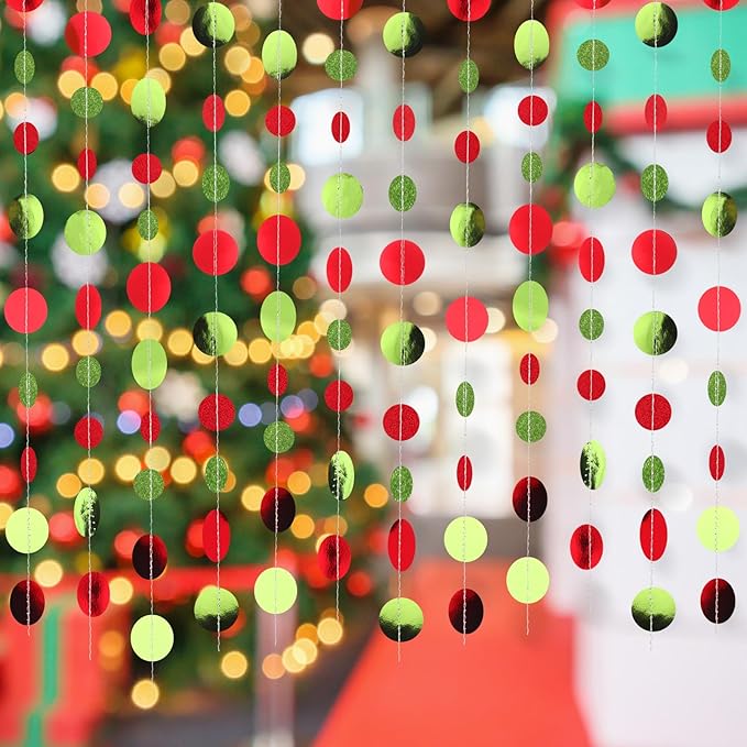 Syhood 10 Pcs Party Decorations Paper Dot Circle Garlands Glitter Streamers Hanging Banner Decor for New Year Baby Shower Wedding Birthday Backdrop Supplies (Red and Green)