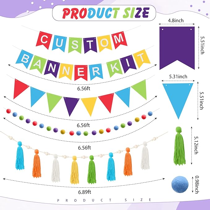 139 Pcs Felt DIY Custom Banner Kit Include 104 Letters 18 Swallowtail Flags 15 Pennants 2 Pcs Pom Pom Garland Tassel Pompom Decoration for Home Baby Shower Birthday(Rainbow)