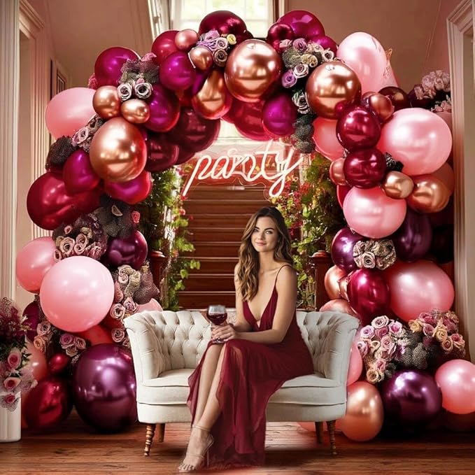 Burgundy Pink Balloon Arch Double Stuffed Dark Ruby Red Pink Plum Gold Balloon Garland Kit Maroon Balloons for Wedding Bridal Shower Birthday Mother's Day Engagement Anniversary Party Decor