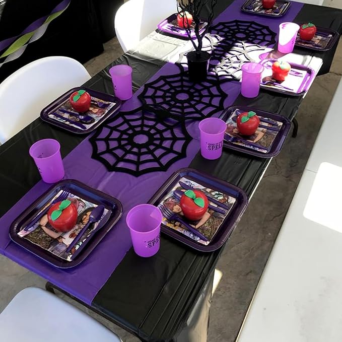 12Pack 12x108 Inch Satin Table Runner and 54x108Inch Plastic Tablecloths Set Black Purple Disposable Rectangle Table Cover for Graduation Wedding Bridal Shower Anniversary Birthday Party Decorations
