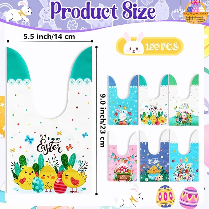 Easter Treat Bags, Happy Easter Goodies Gift Bags, 100 Pcs Cute Bunny Plastic Candy Snack Goody Reusable Wrapping Bag for Gifts Giving Spring Holiday Easter Party Favor Decorations Supplies 6 Designs