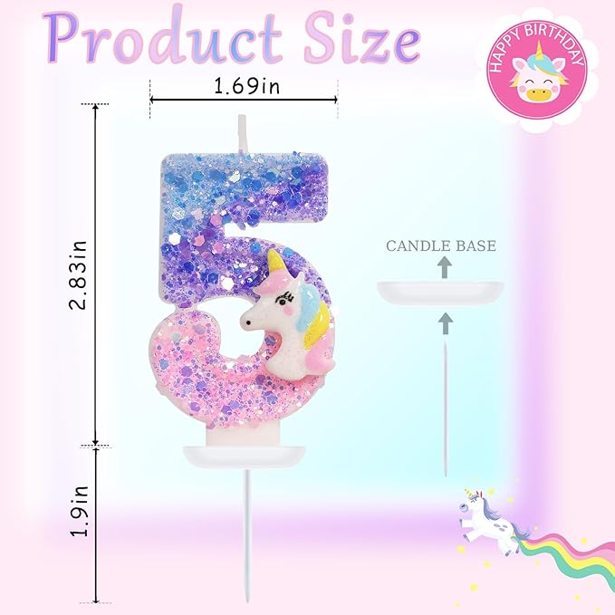 Unicorn Candle - Number 5 Candle, 5th Birthday Decorations for Girls, Colorful Sequins Birthday Candles for Cake, Cartoon Unicorn Theme Party Decorations