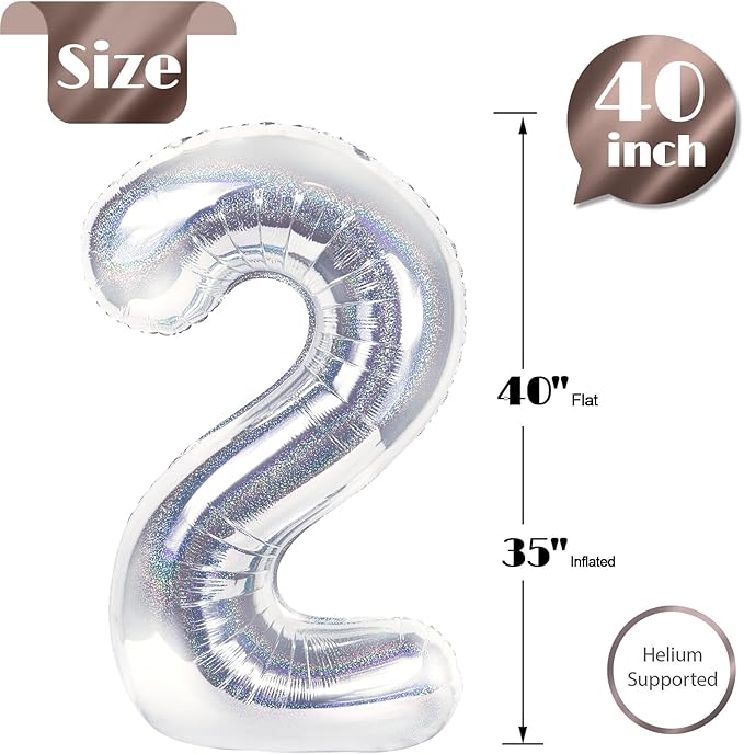Laser Silver 2 Balloon, Number Balloons 40 Inch, 2nd Balloon Number Birthday Decorations, Second Two Birthday Party Supplies, Number 2 Balloon