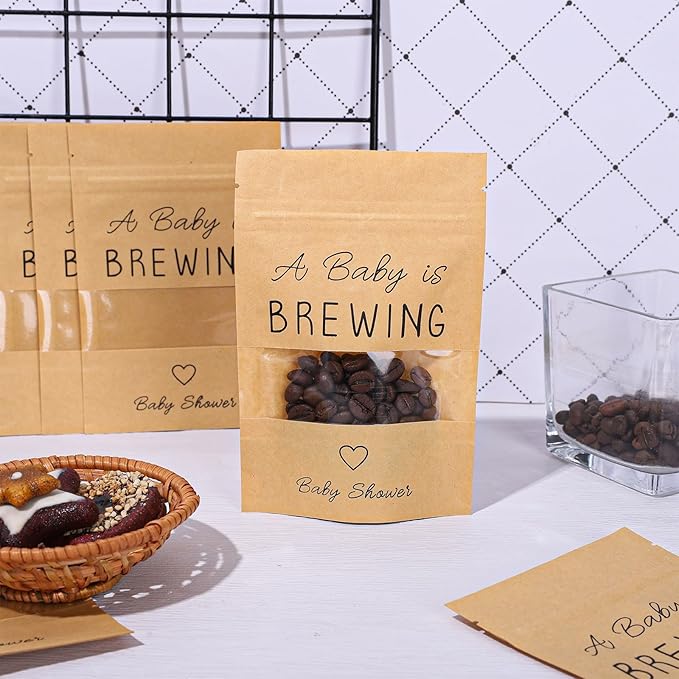 Whaline 50 Pack Kraft Resealable Bags Mini Coffee Baby Shower Favor Bag A Baby is Brewing Stand Up Pouches Bag with Window for Gender Reveal Party Donuts Goodie Candy Gifts Supplies, 3.9 x 5.9 In